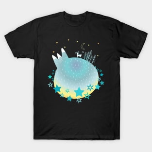 "Home Planet" in turquoise, yellow, and white with a ring of teal stars - a whimsical world T-Shirt